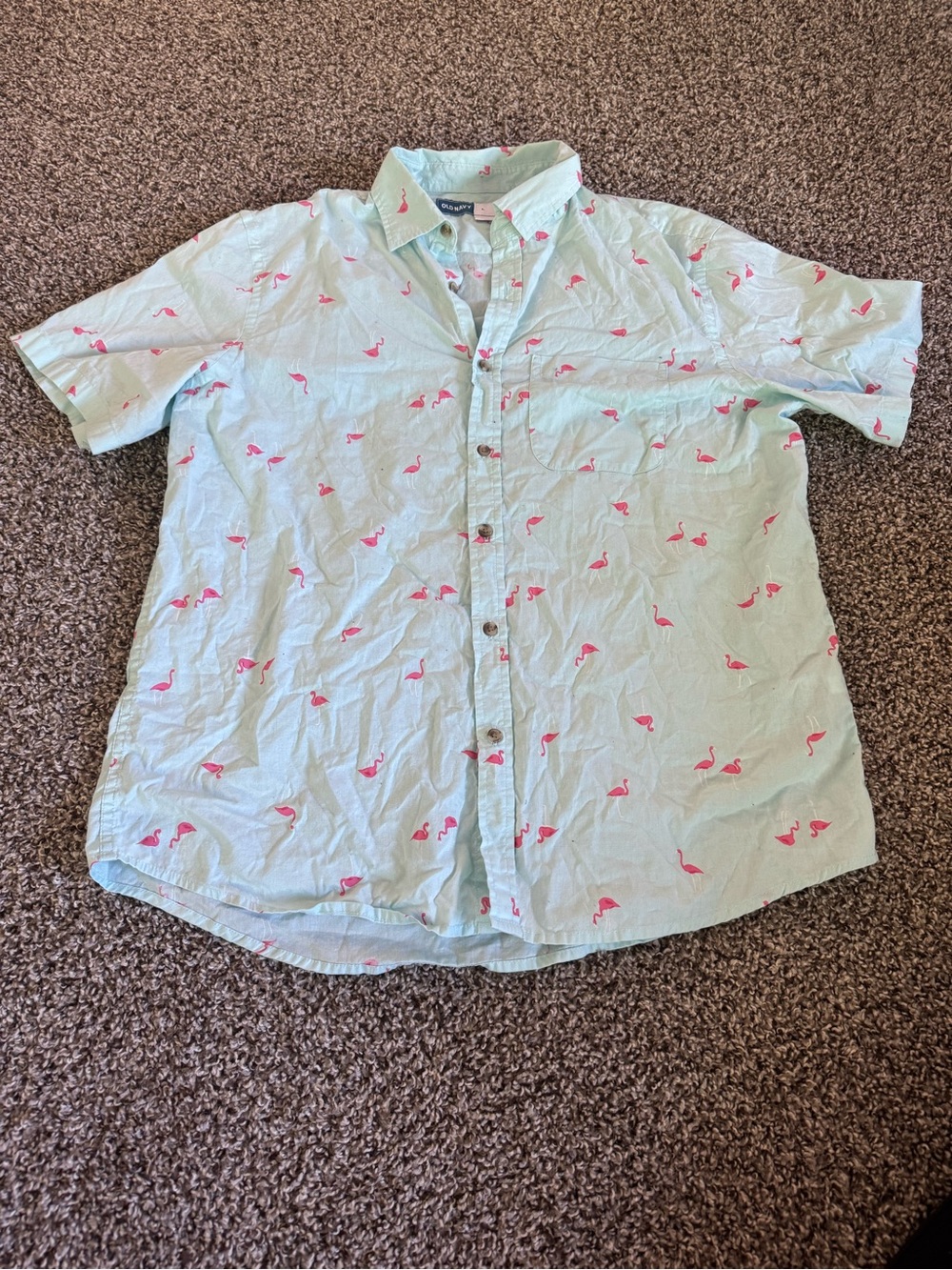 Old Navy Mint Green Short-Sleeve Button-Up Shirt with Pink Flamingo Print